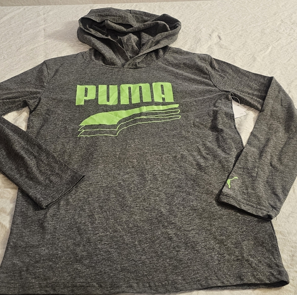 NWT Puma Long Sleeve Tee Hooded M 10/12 green grey
